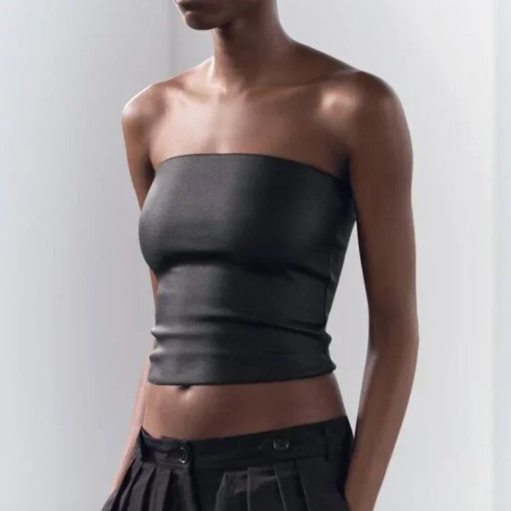 NWT ZARA STRETCH KNIT BANDEAU TOP BLACK